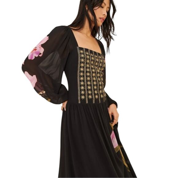 Farm Rio Long Sleeve Midi Dress Square Neck Black Floral Size Medium - Picture 3 of 8